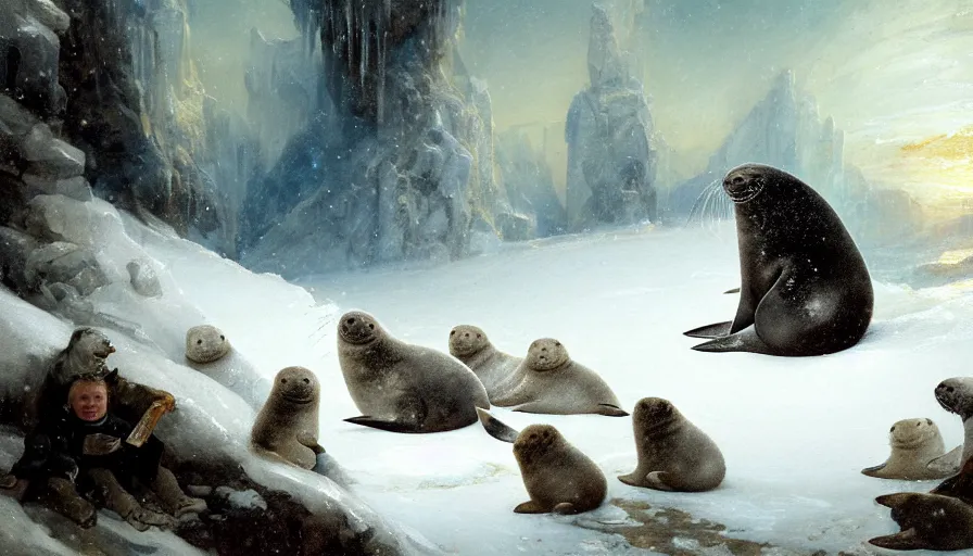 Image similar to highly detailed closeup painting of daddy seal looking after cute furry white baby seals inside a snowy fantasy ice crystal cavern by william turner, by greg rutkowski, by william constable, thick brush strokes and visible paint layers, 4 k resolution