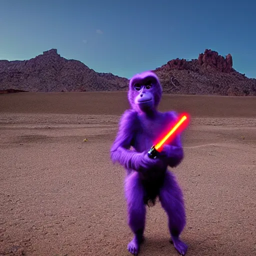 Prompt: photo of a purple gorilla using a green light saber in the desert