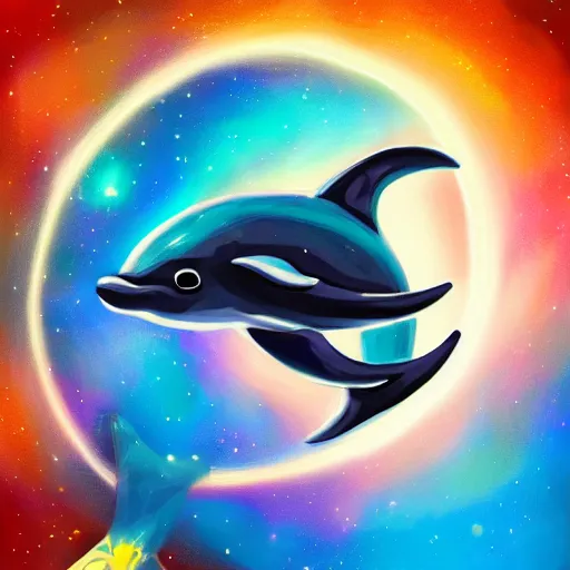 Image similar to Boy traveling through space on a dolphin, digital painting