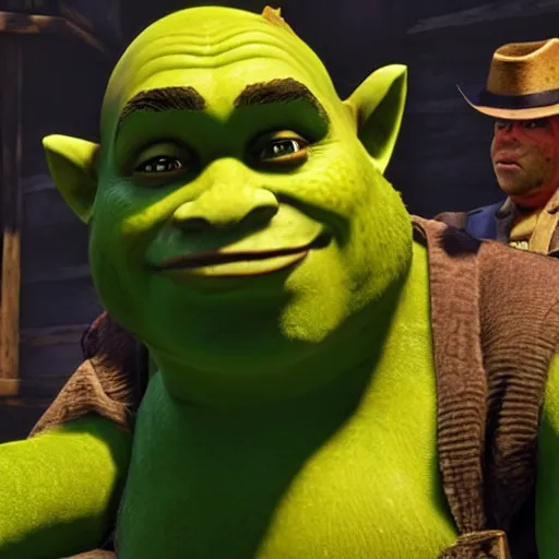 Image similar to gameplay footage of Shrek in red dead redemption 2