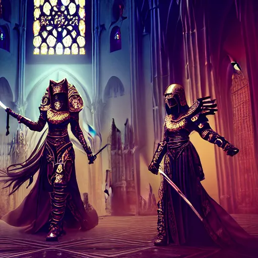 Prompt: female Knights of Zodiac , wings, ornate cyberpunk armor, ornate cyberpunk interior, ruins, cyberpunk cathedral, fighting at ancinet Agora of Athens,Golden Light, Cathedral, 8K, trending on artstation, volumetric light, lightrays, smoke, cinematic, atmospheric, insanely detailed and intricate, hypermaximalist, elegant, ornate, luxury, elite, painted by artstation, super detailed, face details trending on artbreeder, golden ratio