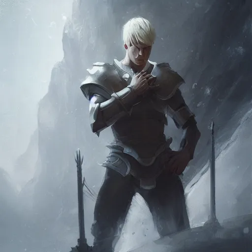 Image similar to dramatic masterpiece Greg Rutkowski male Aasimar paladin with platinum blonde hair praying amidst sorrow, realistic, cinematic lighting, WLOP, dungeons and dragons