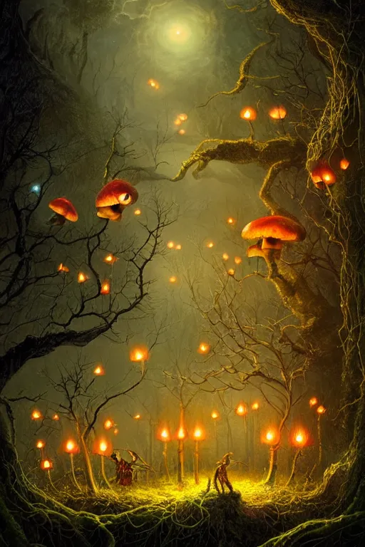 Image similar to a beautiful digital illustration painting of a detailed gothic fantasy fireflies and roots, dark mushroom, flowers by benoit b. mandelbrot, steven belledin, martin johnson heade, lee madgwick, caspar david friedrich, and david rios ferreira. 8 k resolution trending on artstation concept art digital illustration