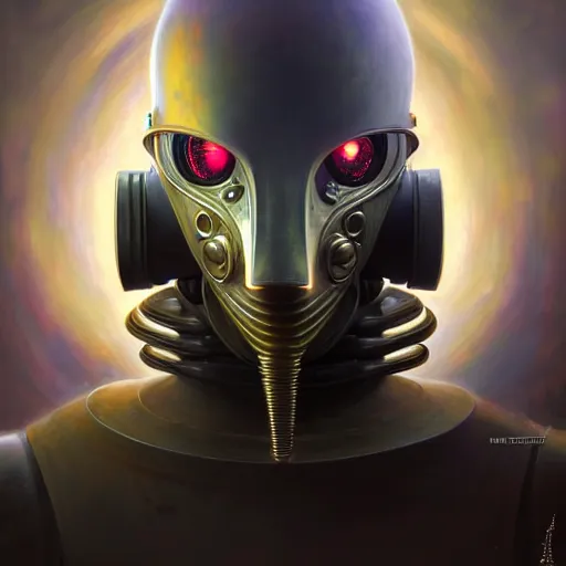 Image similar to front shot of a cyberpunk gazmask robot character, intricate, elegant, highly detailed, centered, digital painting, artstation, concept art, smooth, sharp focus, illustration, artgerm, Tomasz Alen Kopera, Peter Mohrbacher, donato giancola, Joseph Christian Leyendecker, WLOP, Boris Vallejo