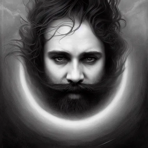 Image similar to By Tom Bagshaw, ultra realist soft painting of gloomy universe by night, Dwarf smile beard, symmetry accurate features, very intricate details, ominous sky, black and white, volumetric light clouds