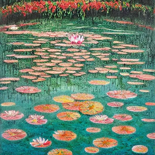 Prompt: a beautiful painting of a waterlily pond by Chiharu Shiota