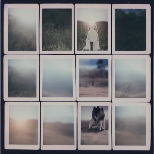 Prompt: polaroid collage, sunllight, girl, wolf