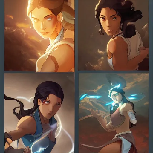 Image similar to Avatar Korra bending all four elements, highly detailed, digital painting, artstation, concept art, sharp focus, illustration, cinematic lighting, art by artgerm and greg rutkowski and alphonse mucha