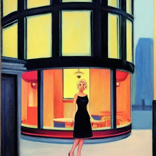 Prompt: a blonde woman wearing black in a surreal cityscape at night, in the style of edward hopper