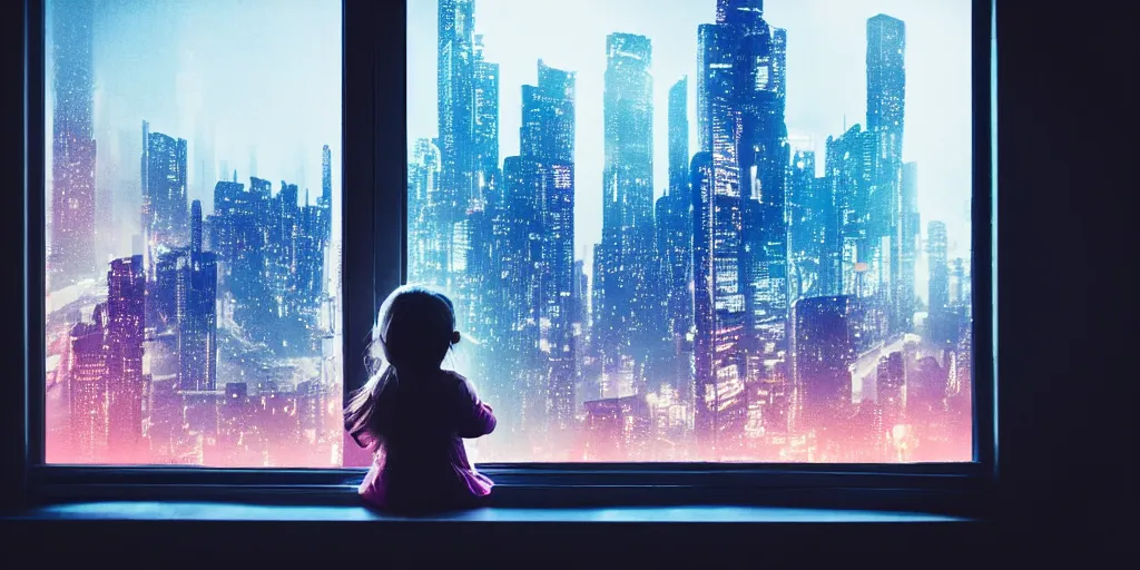 Image similar to overlooking on night city cyberpunk from floor to ceiling window, one little girl, beautiful hair at the back, looking out the window, liminal, cinematic, dreamscape