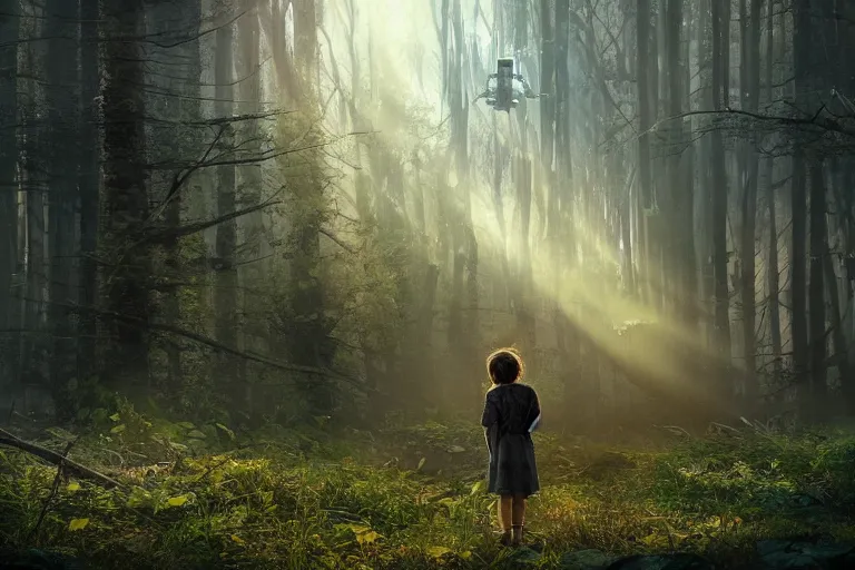 Image similar to the great beyond, sci - fi scene future new york, little girl holding a hand of a big robot, forest punk, crepuscular rays, epic scene, hyper realistic, photo realistic, overgrowth, cinematic atmosphere, ethereal lighting