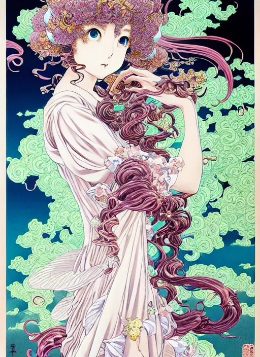 Image similar to exquisite imaginative manga poster of a fairy princess, long wavy hair, rococo ruffles dress, shimmering, by takato yamamoto, ayami kojima, shigenori soejima, minaba hideo, katsuhiro otomo, jump comics, illustration, artstation, highly detailed, 8 k, fluorescent, fluorescent, maximalist