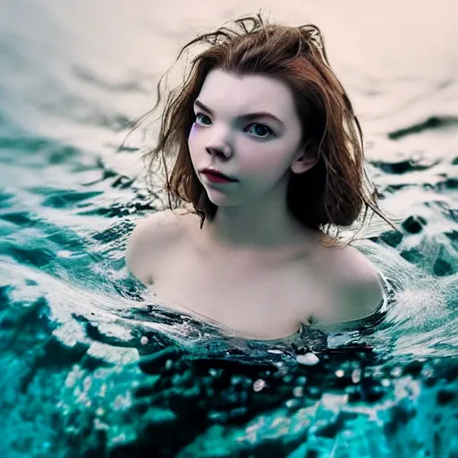 Image similar to a beautiful girl like anya taylor - joy floating under the deep water, white petal, by personal photography, art by brookskim, closeup, 4 k, highly detailed, instagram,