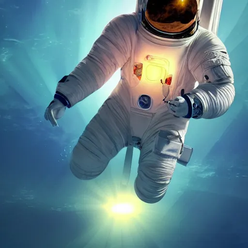 Image similar to an astronaut floating in the middle of deep underwater being hit by sun rays, trending on art station, atmosphere, concept art, photorealistic, high detailed