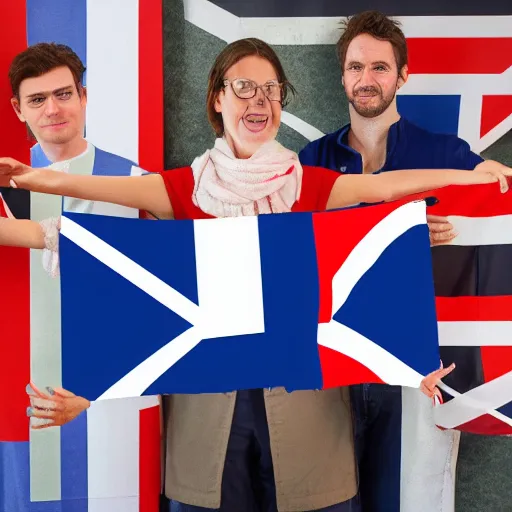 Image similar to an british person holding a british flag, a french person holding a french flag, a german person holding a german flag. realistic studio portrait, museum quality, hyperrealistic, artstation, prizewinning