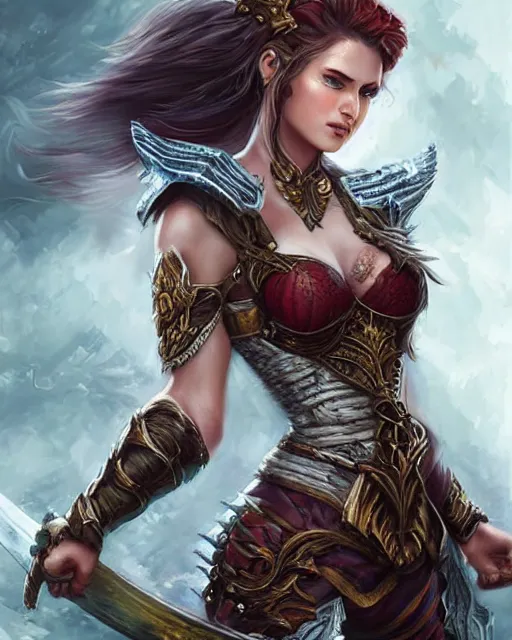 Image similar to a beautiful female warrior, 8 k, hyperrealistic, dragon slayer, hyperdetailed, fantasy portrait by laura sava