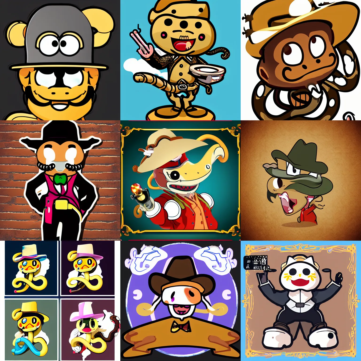 Prompt: UNCLE ALOYSIUS anthropomorphic cowboy snake kawaii mascot logo, snake oil salesman