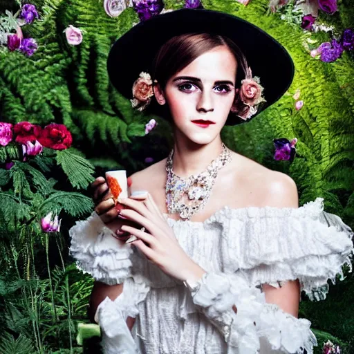 Image similar to full body fashion model emma watson smokey eyes makeup eye shadow textured film grain oil on canvas fantasy, glow, shimmer as victorian woman in a long white frilly lace dress and a large white hat having tea in a sunroom filled with flowers, roses and lush fern flowers ,intricate, night, highly detailed, dramatic lighting , high quality