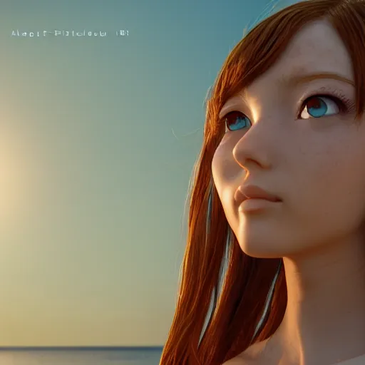 Image similar to Render of a very beautiful 3d anime girl, long hair, hazel eyes, cute freckles, full round face, short smile, cute sundress, golden hour, serene beach setting, medium shot, mid-shot, highly detailed, trending on Artstation, Unreal Engine 4k