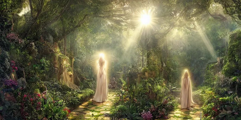 Image similar to long shot of a bright sun shining through a gardens in the bay interior, mystical woman wearing a cloak walking in over grown botanical garden, pre raphaelite, atmospheric, ground mist, waterfalls, light streams, style of gardens in the bay singapore, art by artgerm, sharp, intricate detail,