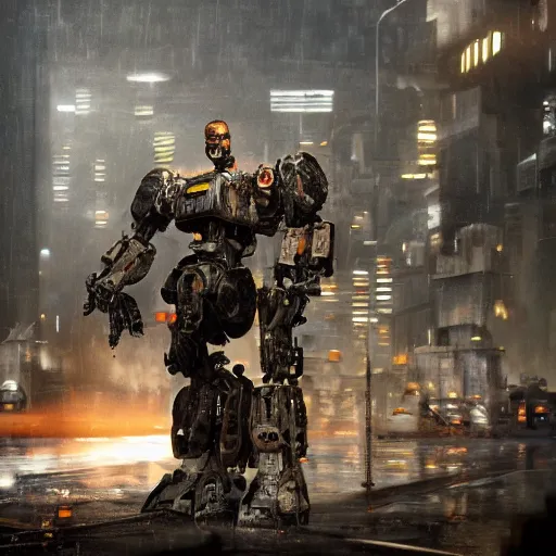 Image similar to mecha made from car parts, dark messy smoke - filled cluttered workshop, dark, dramatic lighting, orange tint, cinematic, highly detailed, sci - fi, futuristic, movie still from blade runner