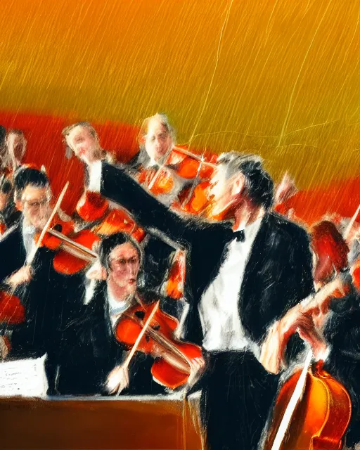 Prompt: long shot portrait of an orchestra conductor on the rostrum, symphony ensemble, baton in motion, motion blur, triadic color scheme, theatre lighting, focus on wand