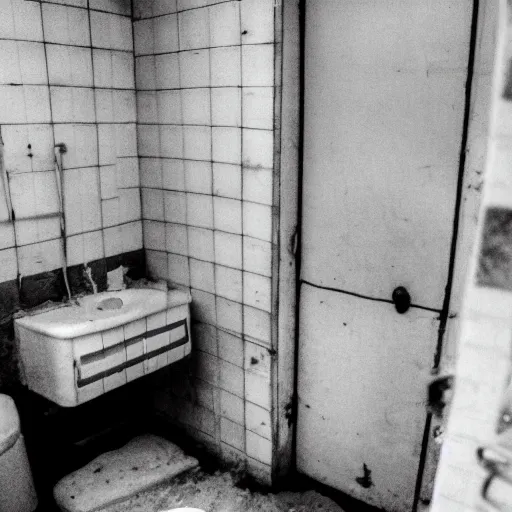 Image similar to a wide angle 3 5 mm film photography of a dirty cluttered bathroom somewhere in eastern europe, evocating a feeling of unease and claustrophobia