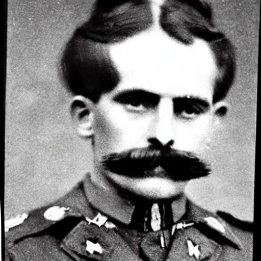 Prompt: an old photo of a soldier with long blonde hair and long blonde moustache
