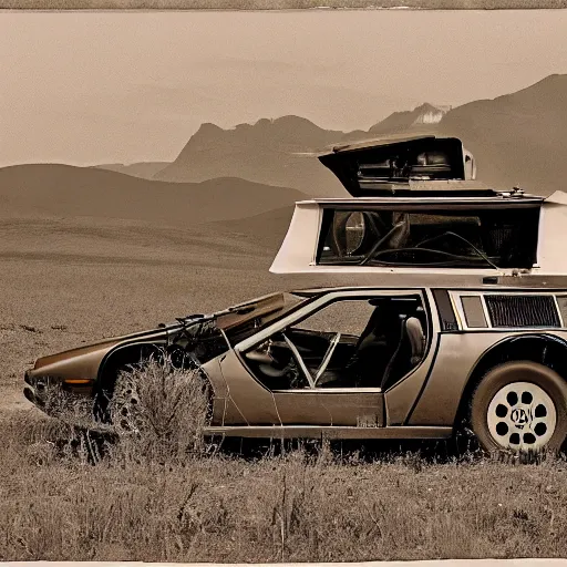 Image similar to a monochromatic sepia photograph of a delorean in a pioneer caravan on the oregon trail, trending on art station,