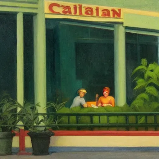 Image similar to idyllic cannabis garden bed in a busy australian cafe muted colors by edward hopper