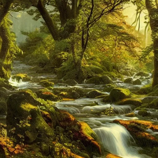 Image similar to A beautiful mixed media art of a serene and picturesque forest scene. The leaves are all different shades of green, and the sunlight is shining through the trees. There is a small stream running through the forest, and the whole scene is surrounded by mountains. avant garde, 3d render by J.C. Leyendecker rhythmic