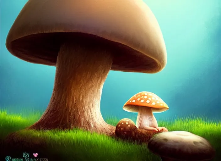 Image similar to a cute creature sitting next to a mushroom, illustration for a children's book, digital art, detailed, rim light, exquisite lighting, clear focus, very coherent, soft lighting, character design, concept, atmospheric, dystopian, sci - fi, dark, trending on artstation, fog, sun flare