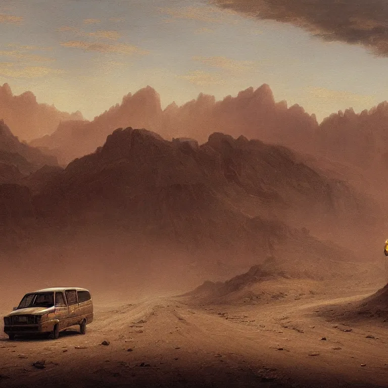 Image similar to a beautiful painting of a lone van driving into the distance on a deserted desert highway by carl gustav carus, highly detailed, concept art, cinematic lighting, high noon