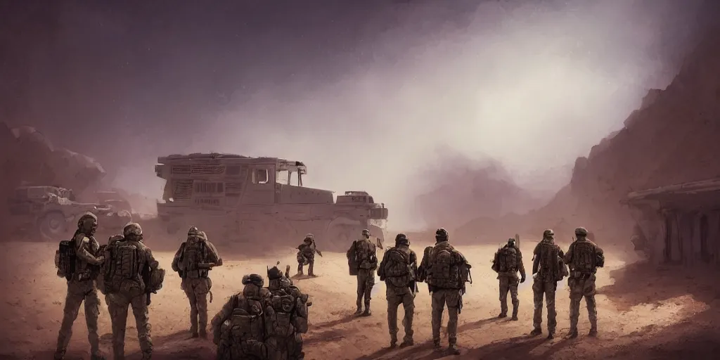 Prompt: private military company operatives standing outside immigration check point with severe sand storm across the sky, cinematic, realistic, detailed, intricate, digital art, ambient lighting, by jordan grimmer, pop art style, 3 5 mm film grain, artstation