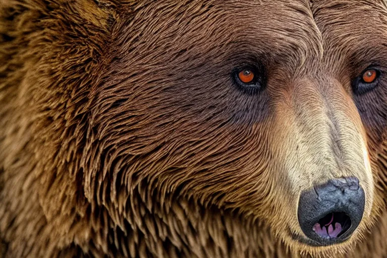 Prompt: wildlife photography of a grizzly bear with the face of an owl by Emmanuel Lubezki