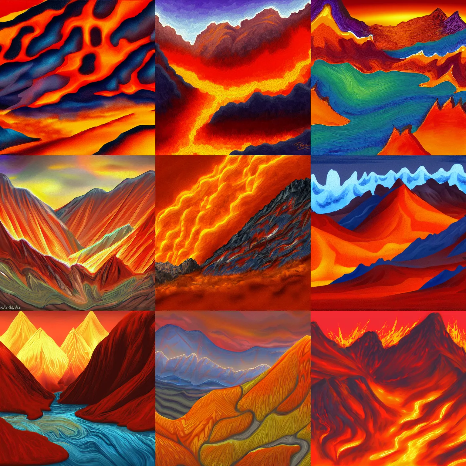 Prompt: fiery mountains, highly detailed, centered, digital painting