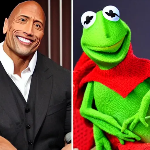 Image similar to a date romantic between dwayne johnson and kermit the frog