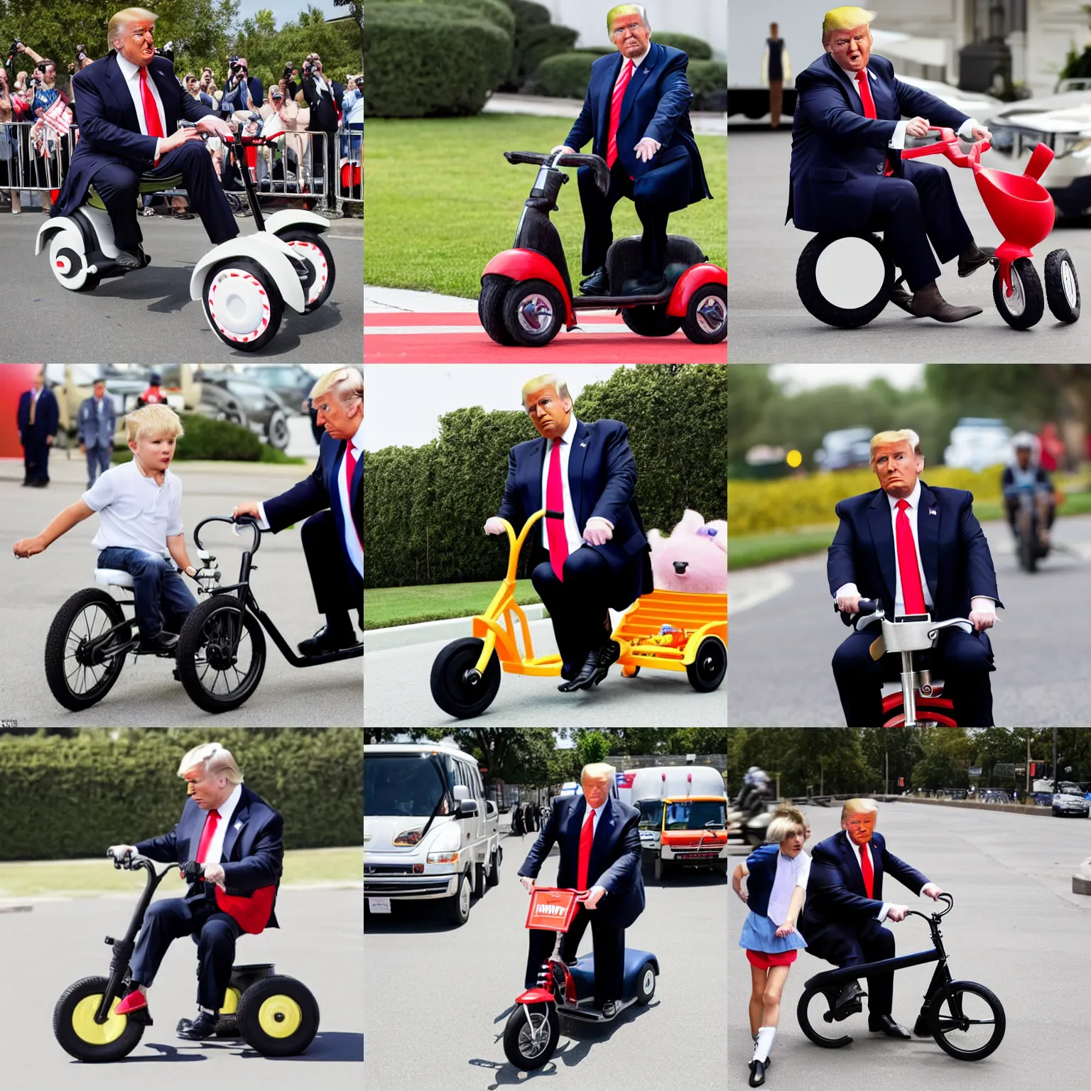 Prompt: Donald Trump attempting to ride a tiny tricycle