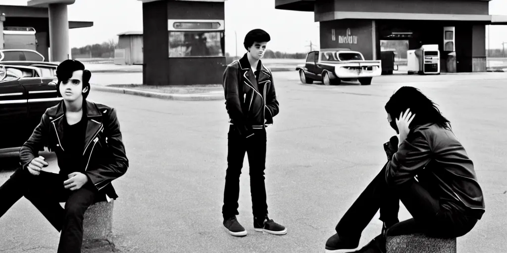 Prompt: a handsome young thug like male teen wearing a black leather jacket has long black hair sitting outside of a gas station, 6 0 s era, film still, anamorphic lens, photoreal, award winning