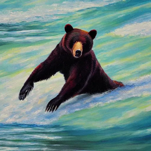 Image similar to oil painting, bear stretching out its arm to catch a salmon alongside a river in Alaska, high detail