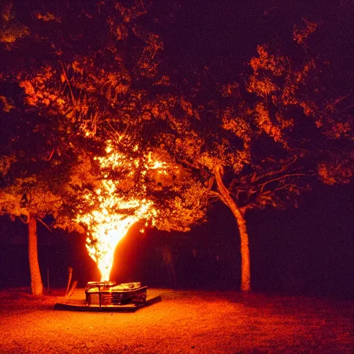 Image similar to a photo of a nighttime scene with a fire illuminating the trees