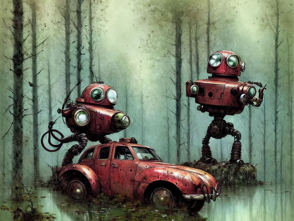 Image similar to adventurer ( ( ( ( ( 1 9 5 0 s retro future robot vehical in the forrest. muted colors. swamps ) ) ) ) ) by jean baptiste monge!!!!!!!!!!!!!!!!!!!!!!!!! chrome red