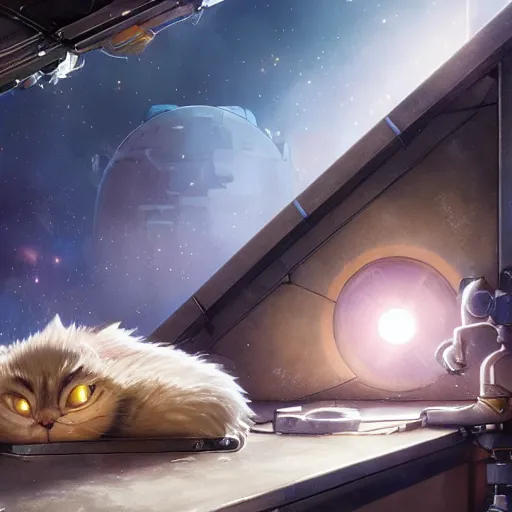 Image similar to an alien space cat sleeping on a mechanics workbench while their owner repairs in a spaceport in a fantasy ghibli animated film, volumetric lighting, octane render by stanley artgerm lau, greg rutkowski, studio ghibli, alphonse mucha, loish, norman rockwel, highly detailed, warm lighting, lens flare - w 7 0 4