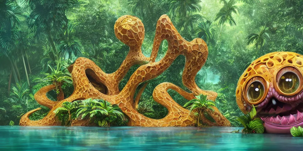 Image similar to of a tropical rainforest lake with strange cute friendly happy creatures with huge eyes, mouth, long tongue, round teeth and goofy face, appearing from the water, in the style of gehry and gaudi, macro lens, shallow depth of field, ultra detailed, digital painting, trending artstation, concept art, illustration, cinematic lighting, photorealism, epic, octane render