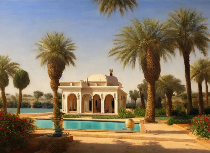 Image similar to A beautiful ultra-detailed painting of a garden villa with a lake in the middle of the arabic desert with a blue sky by Ludwig Deutsch, Trending on Artstation