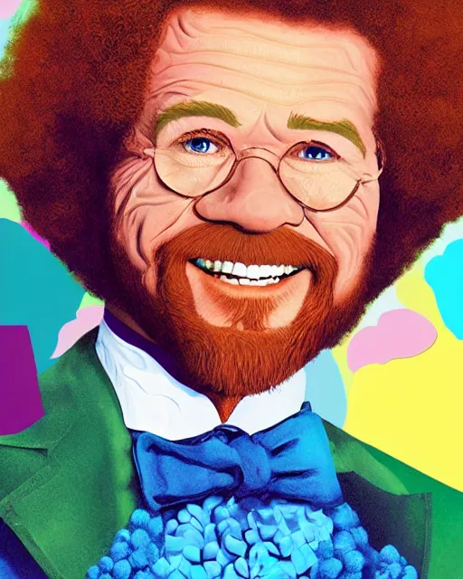 Image similar to Bob Ross as Willy Wonka, digital illustration portrait design, detailed, gorgeous lighting, dynamic portrait