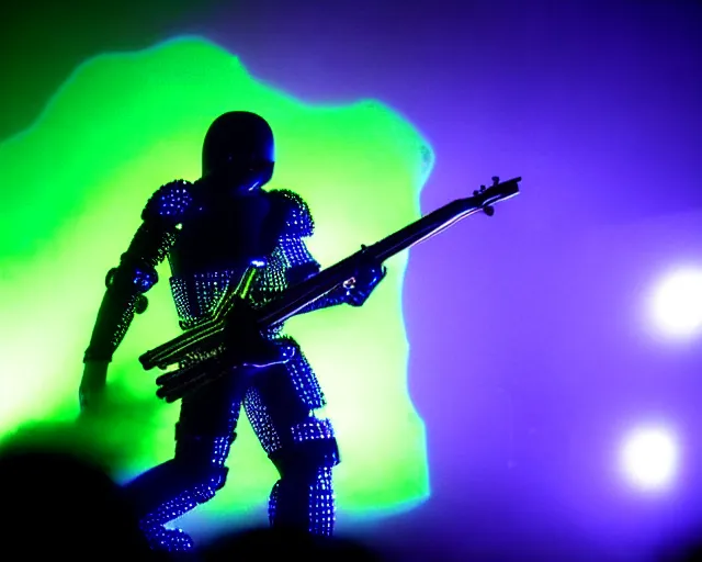 Prompt: cybersuit trent reznor singer songwriter smashing stage, band playing, drumkit, giant led screens, cybersuits, intricate vibrant colors, glowing thin wires, bright glowing instruments, smoke, dust, ultrafine detail, ornate, associated press photo, band playing instruments, smoke, colorful detailed projections, light show, volumetric