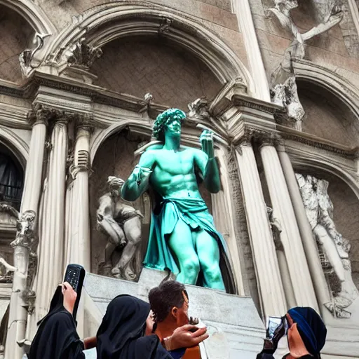 Image similar to statue of david by michelangelo and a group of nuns taking a selfie with a selfie stick