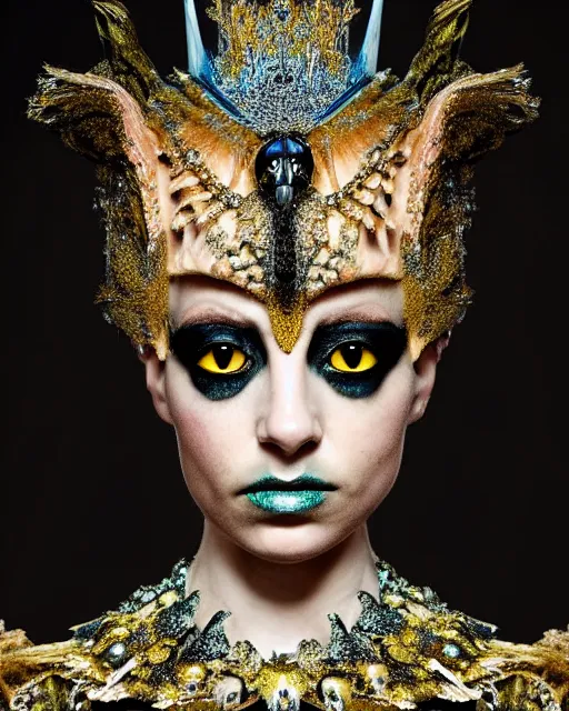 Prompt: a fantasy owl queen, beauty portrait, opulent costume inspired by iris van herpen