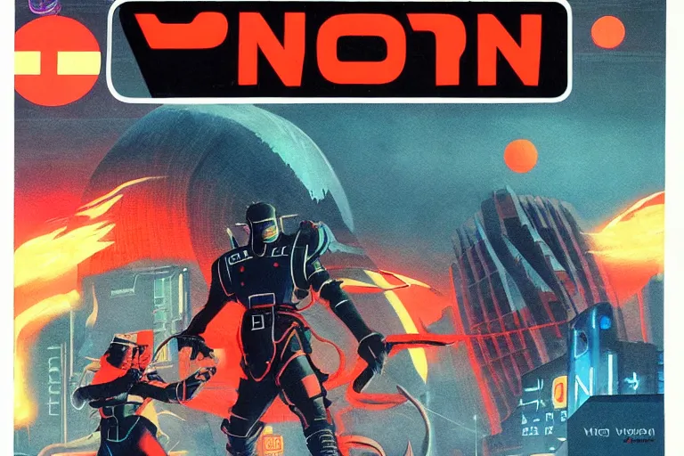 Image similar to 1979 OMNI Magazine Cover of a dragonborn in neo-tokyo style by Vincent Di Fate. DND character art